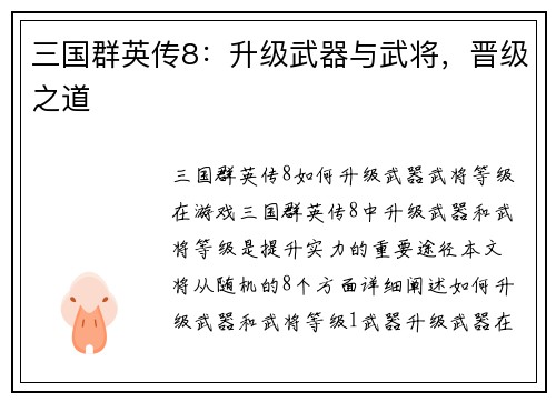 三国群英传8：升级武器与武将，晋级之道